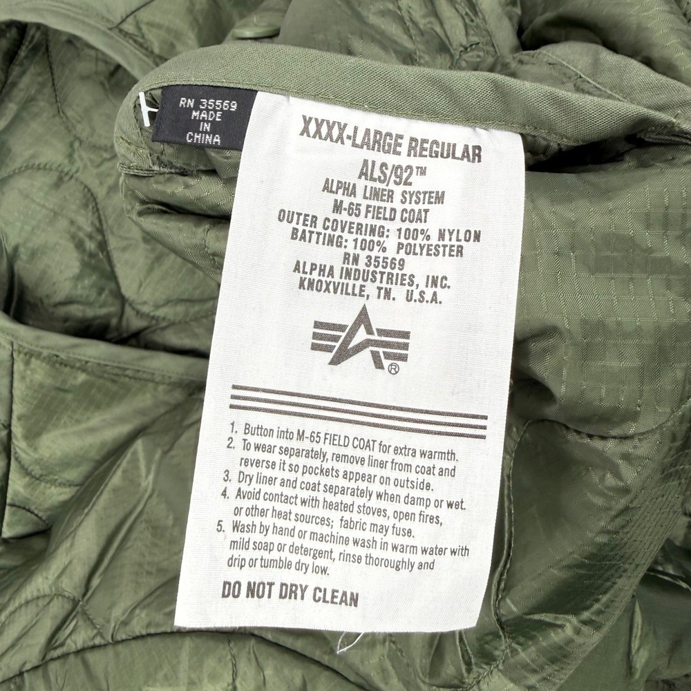 Alpha Industries M-65 Field Coat Liner Mens 4XL Green Quilted ALS/92 Jacket - Picture 11 of 15